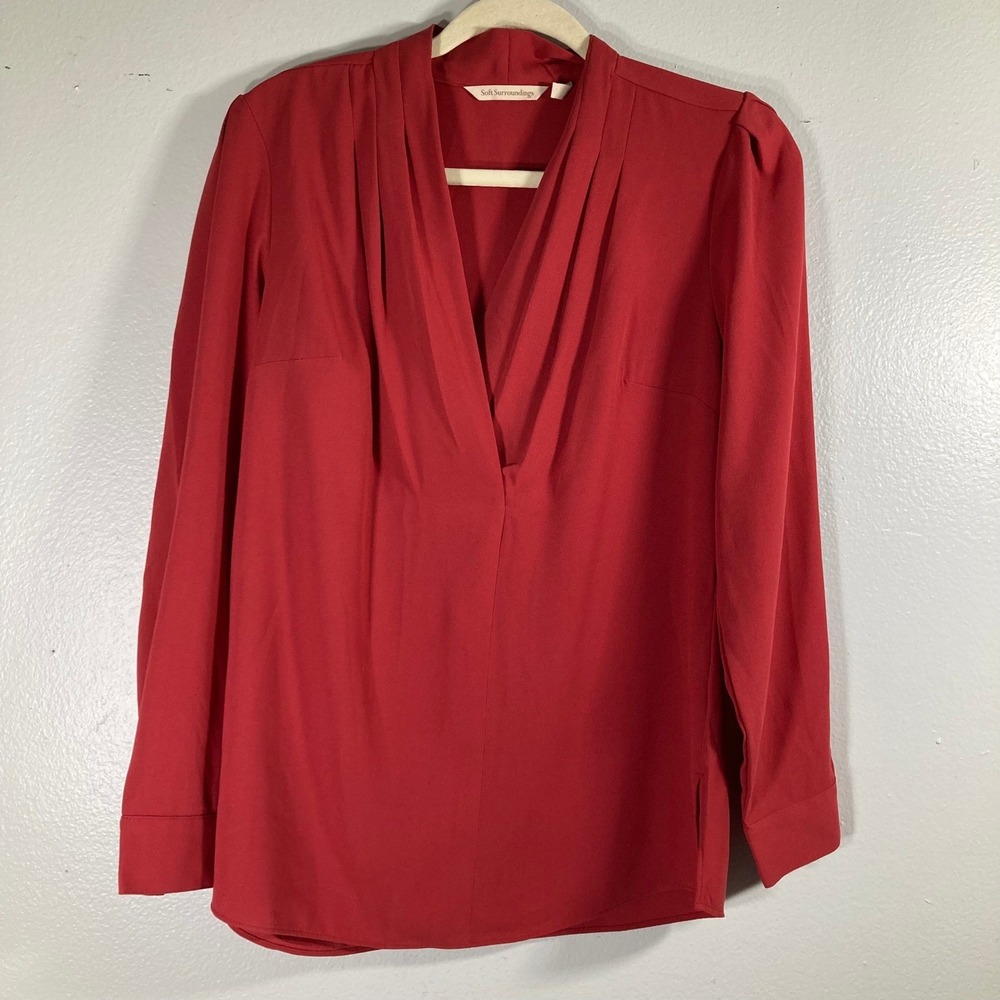 Soft Surroundings Womens XS Red Pleated V-Neck Blouse Hammered Gold Buttons